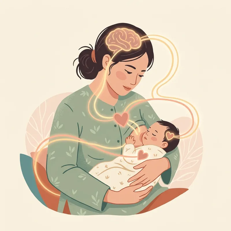Hình minh họa dòng chảy hoóc-môn Oxytocin ấm áp, kết nối não bộ, trái tim và nguồn sữa mẹ khi mẹ ôm ấp vỗ về em bé